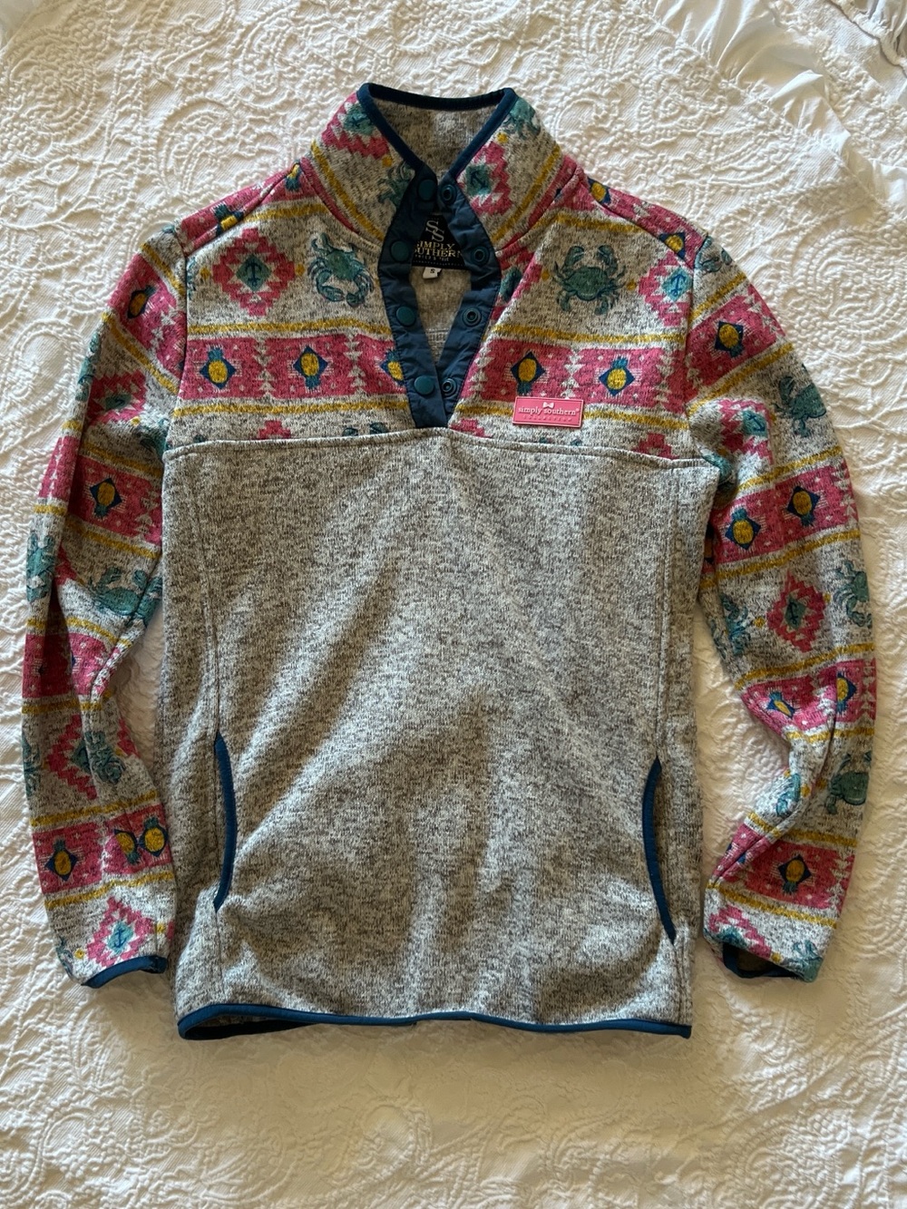 Simply Southern Gray Pullover with Pink & Teal Aztec Accents